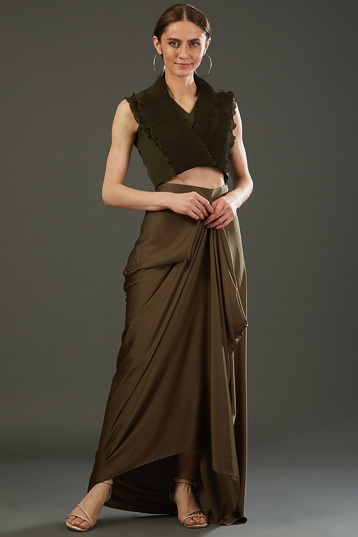 Olive Green Crepe Draped Wedding Saree Set by RITIKA ARYA JAIN at Pernia's Pop Up Shop