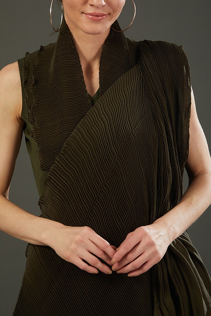 Olive Green Crepe Draped Wedding Saree Set by RITIKA ARYA JAIN at Pernia's Pop Up Shop