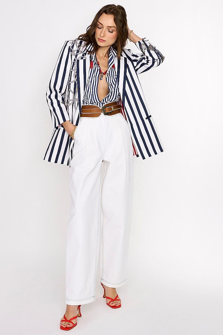 Navy Blue & White Cotton Hand Embroidered Blazer by Rara Avis