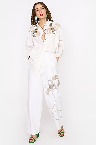 White Cotton Hand Embroidered Shirt by Rara Avis