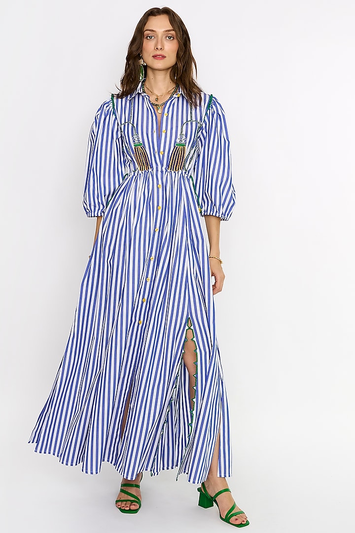 Blue & White Cotton Striped & Embroidered Long Dress by Rara Avis