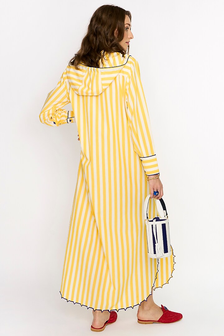 Yellow & White Cotton Hand Embroidered Kaftan by Rara Avis at Pernia's Pop Up Shop