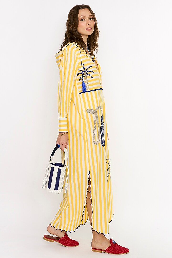 Yellow & White Cotton Hand Embroidered Kaftan by Rara Avis at Pernia's Pop Up Shop
