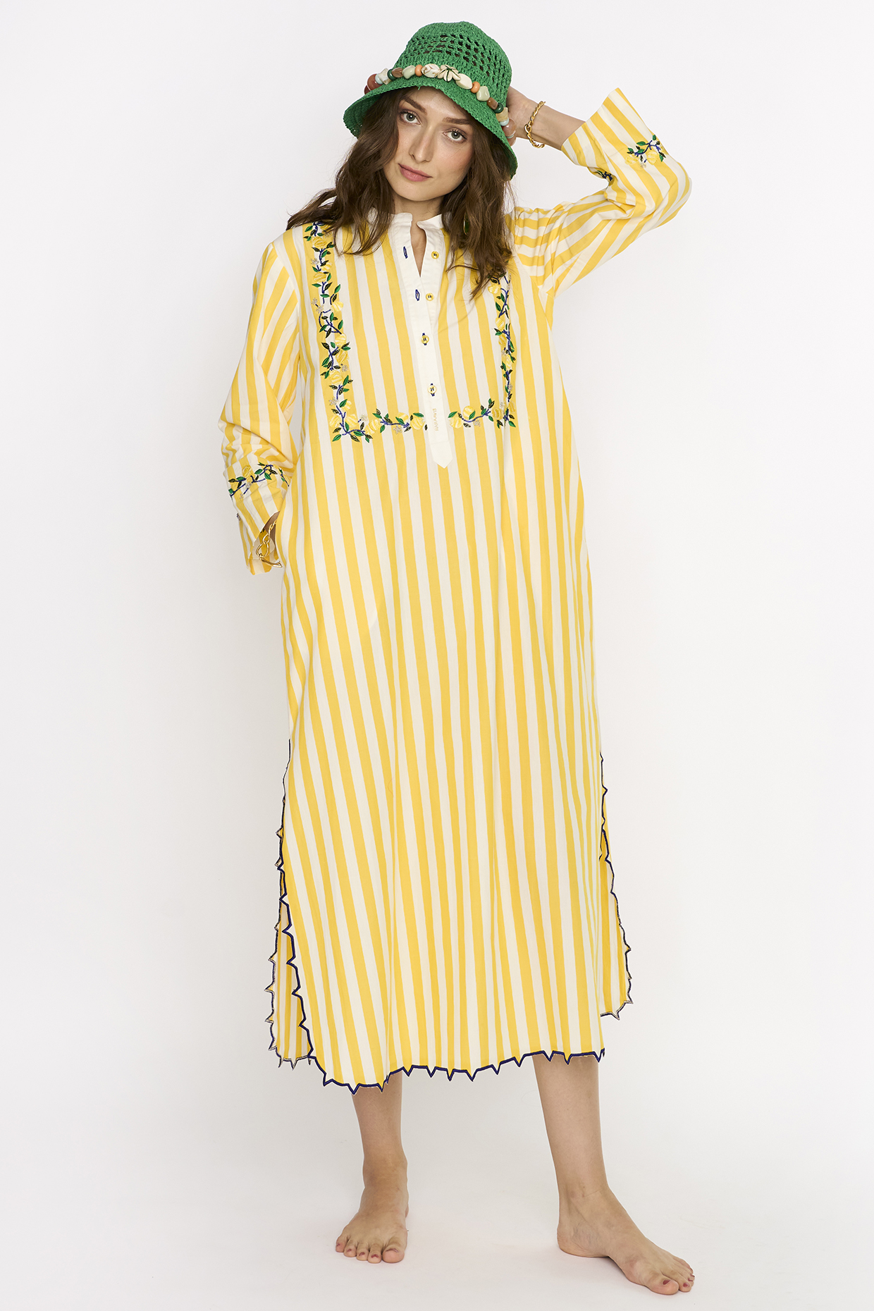 Yellow & White Cotton Embroidered Midi Dress by Rara Avis