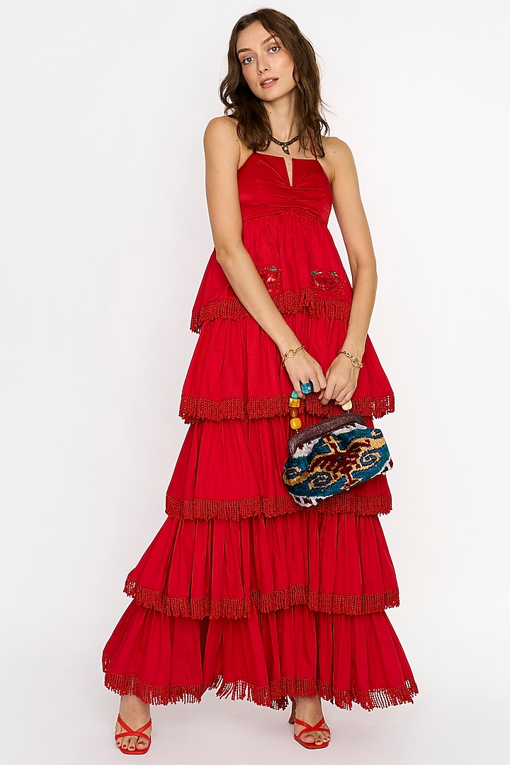 Red Cotton Embroidered Tiered Maxi Dress by Rara Avis