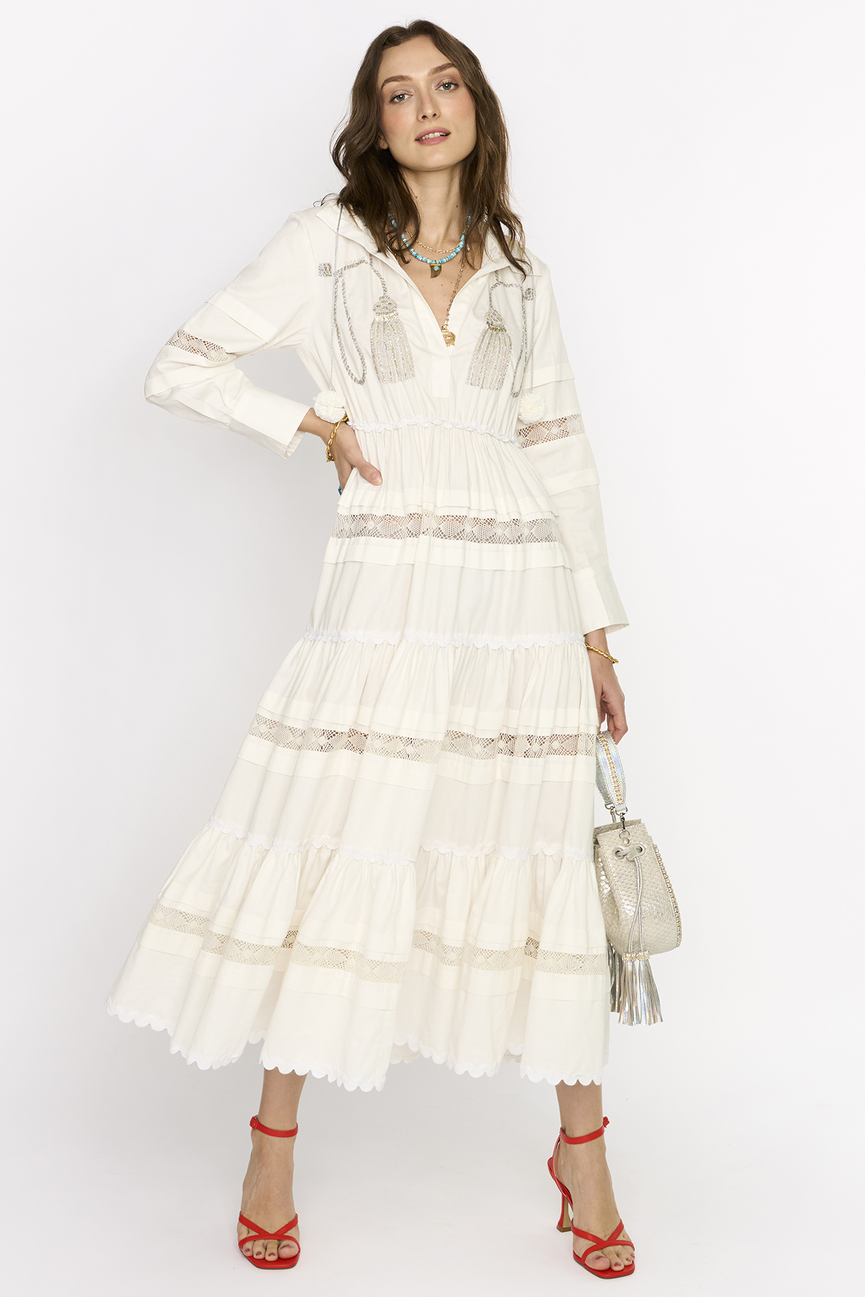 Ivory Cotton Embroidered Gathered Maxi Dress by Rara Avis