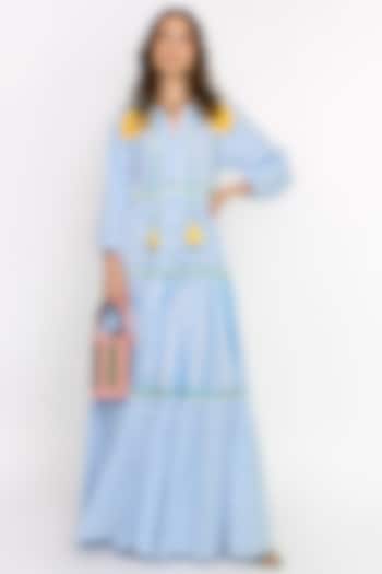 White & Blue Cotton Embroidered Gathered Maxi Dress by Rara Avis