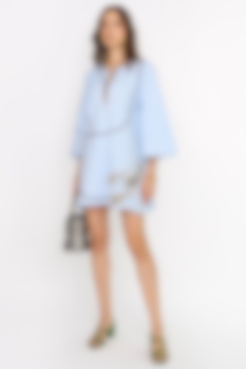 White & Sky Blue Cotton Embroidered Cocktail Dress by Rara Avis at Pernia's Pop Up Shop