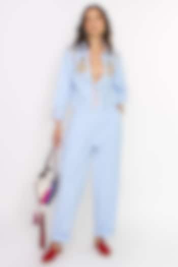 White & Sky Blue Cotton Embroidered Jumpsuit by Rara Avis