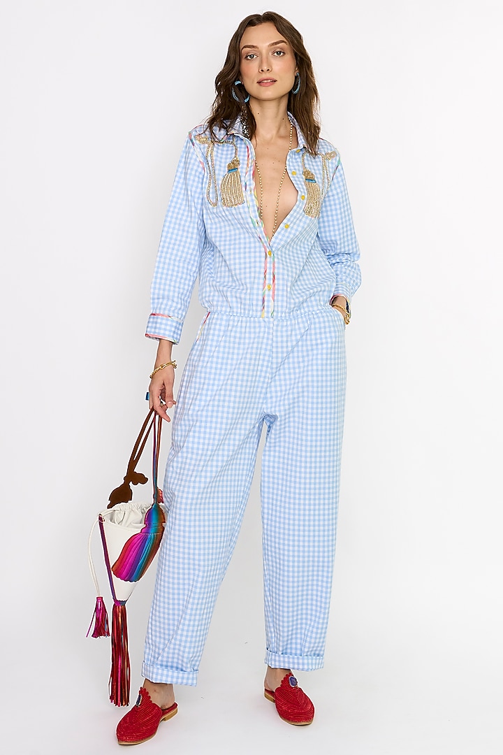 White & Sky Blue Cotton Embroidered Jumpsuit by Rara Avis