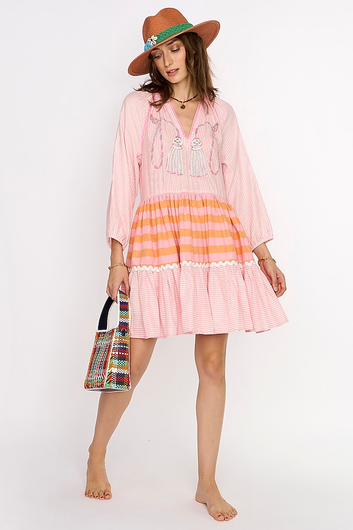 Multi-Colored Cotton Embroidered Tiered Dress by Rara Avis