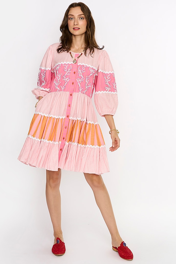 Multi-Colored Cotton Embroidered Tiered Dress by Rara Avis
