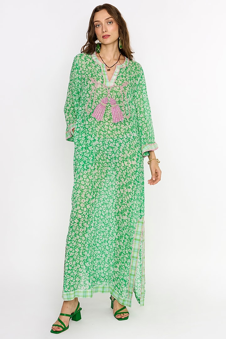 Green Cotton Floral Printed & Embroidered Long Dress by Rara Avis