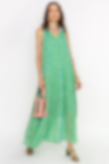 Green Cotton Floral Printed & Embroidered Gathered Long Dress by Rara Avis