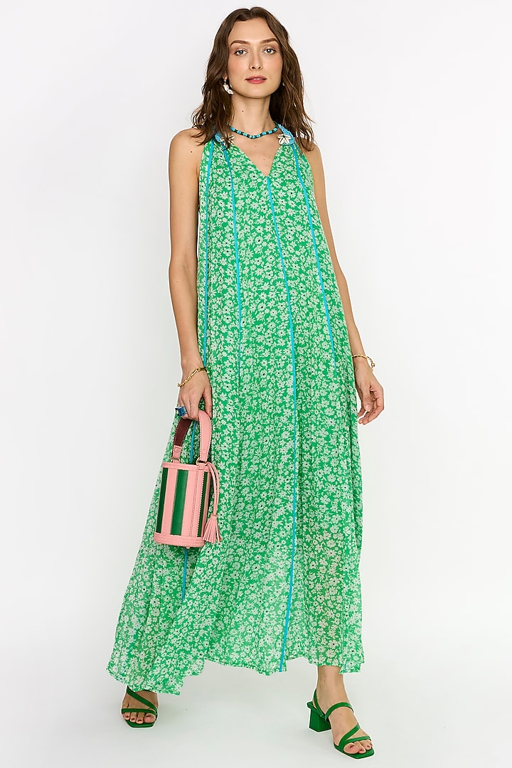 Green Cotton Floral Printed & Embroidered Gathered Long Dress by Rara Avis
