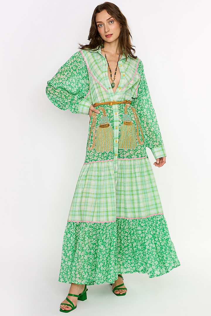 Green Cotton Floral Printed & Embroidered Maxi Dress by Rara Avis