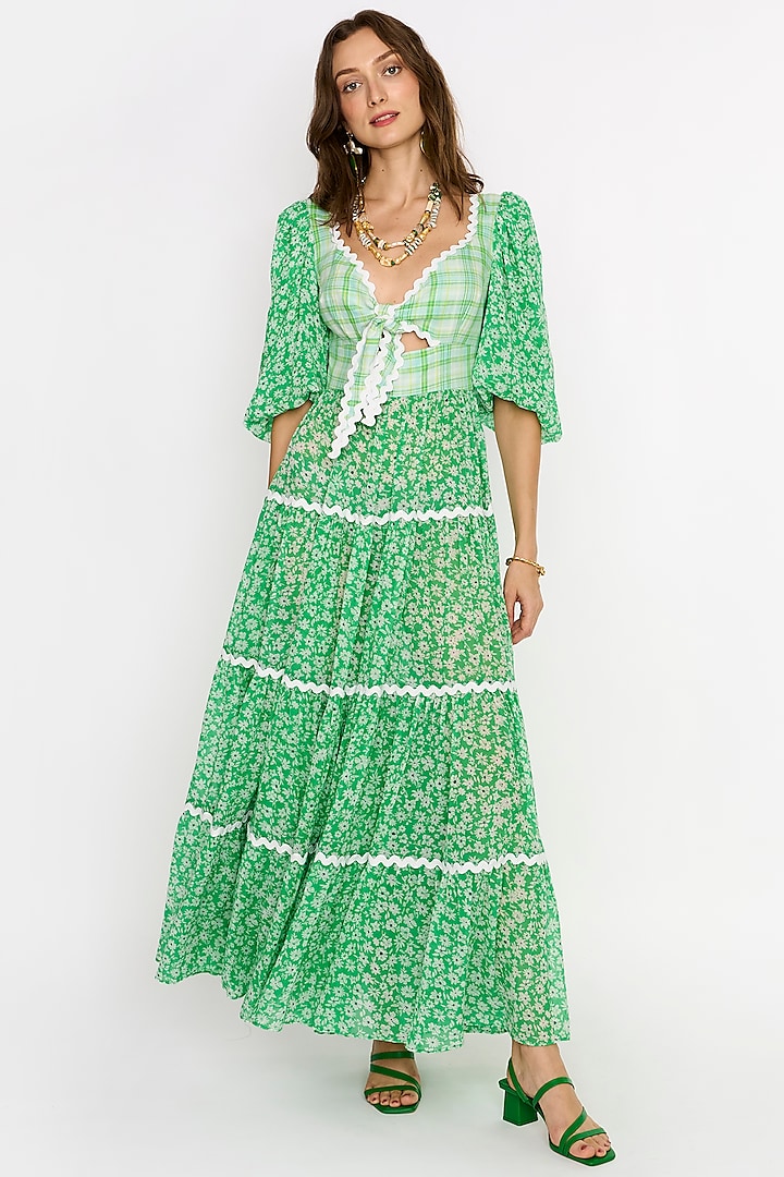 Green Cotton Floral Printed Maxi Dress by Rara Avis