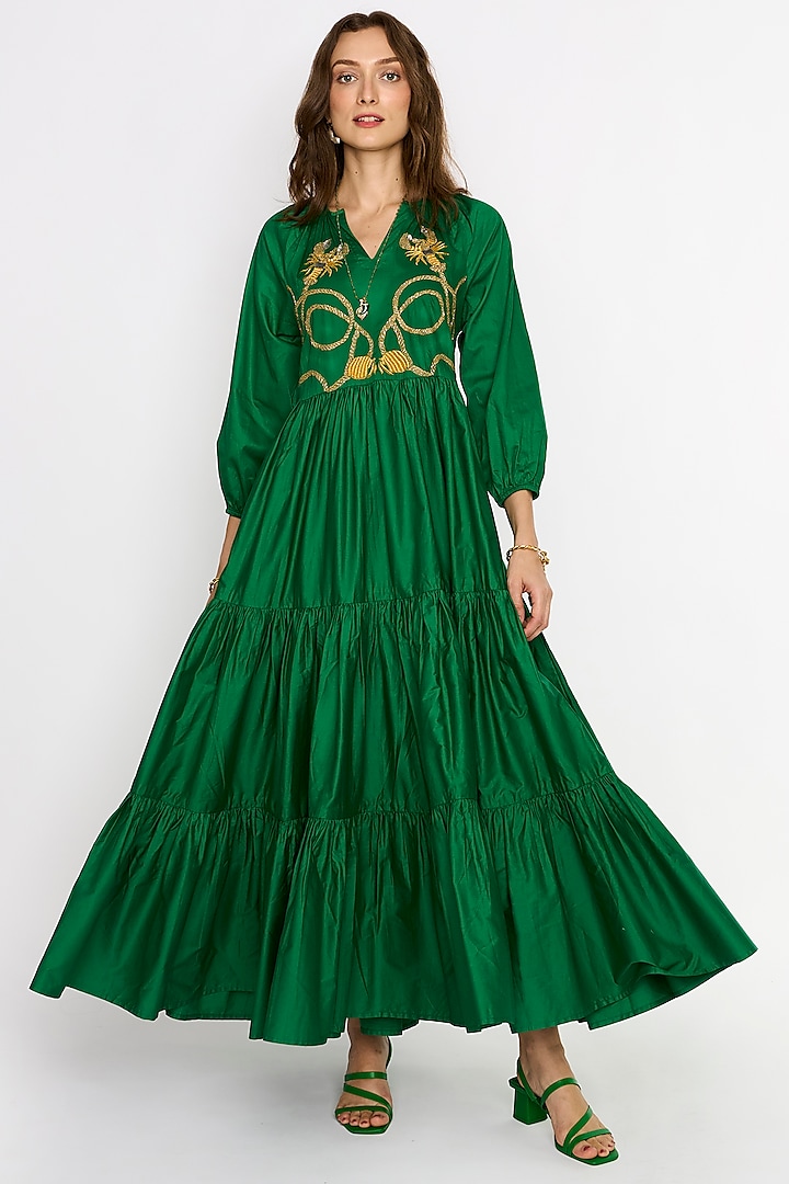 Green Cotton Satin Hand Embroidered Maxi Dress by Rara Avis