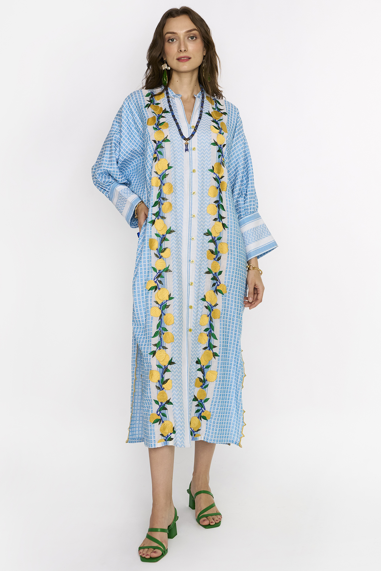 Ocean Blue & White Cotton Embroidered Kaftan Dress by Rara Avis