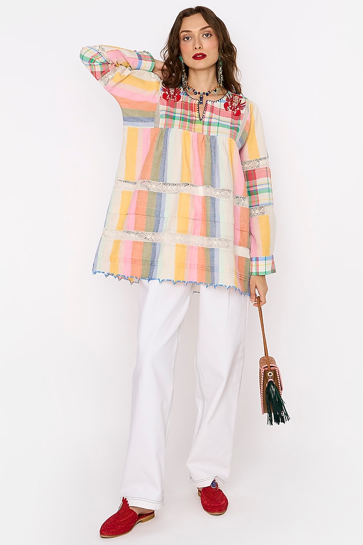 Multi-Colored Cotton Hand Embroidered Top by Rara Avis