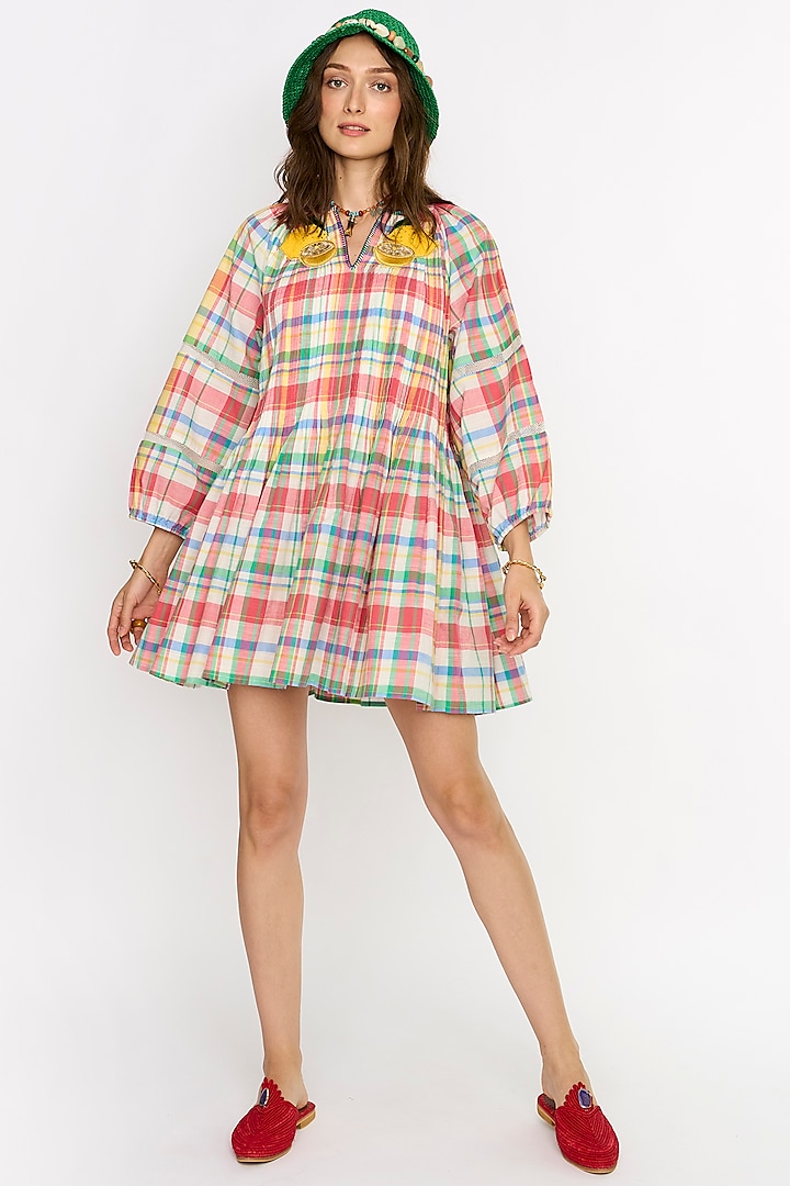 Multi-Colored Cotton Hand Embroidered Short Dress by Rara Avis