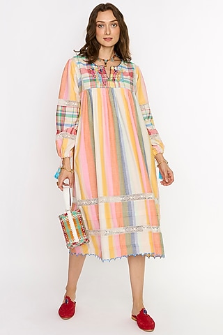 Multi-Colored Cotton Hand Embroidered Gathered Dress by Rara Avis