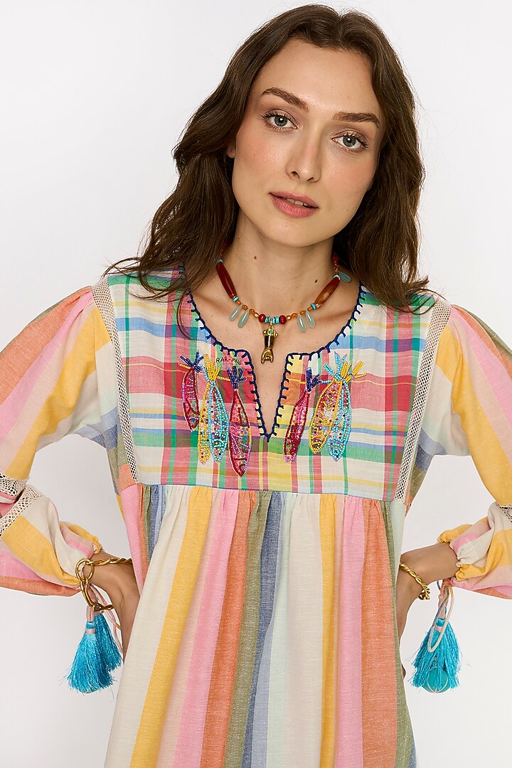 Multi-Colored Cotton Hand Embroidered Gathered Vacation Dress by Rara Avis at Pernia's Pop Up Shop