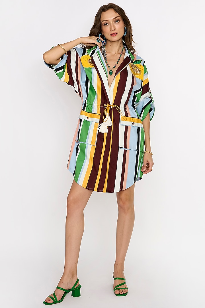 Multi-Colored Cotton Satin Striped & Hand Embroidered Parka Jacket by Rara Avis