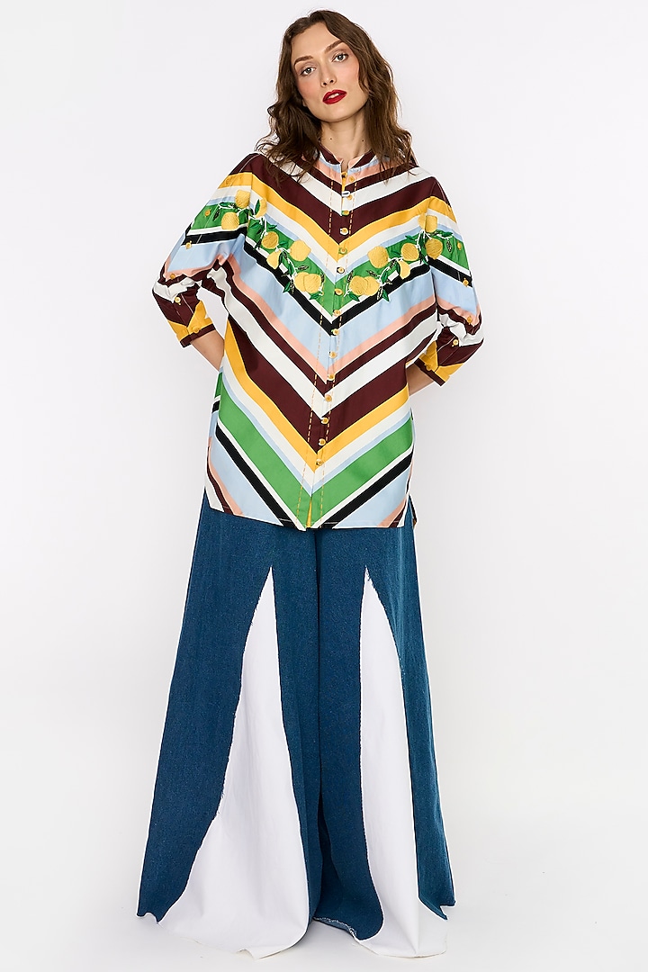 Multi-Colored Cotton Satin Striped & Embroidered Shirt by Rara Avis