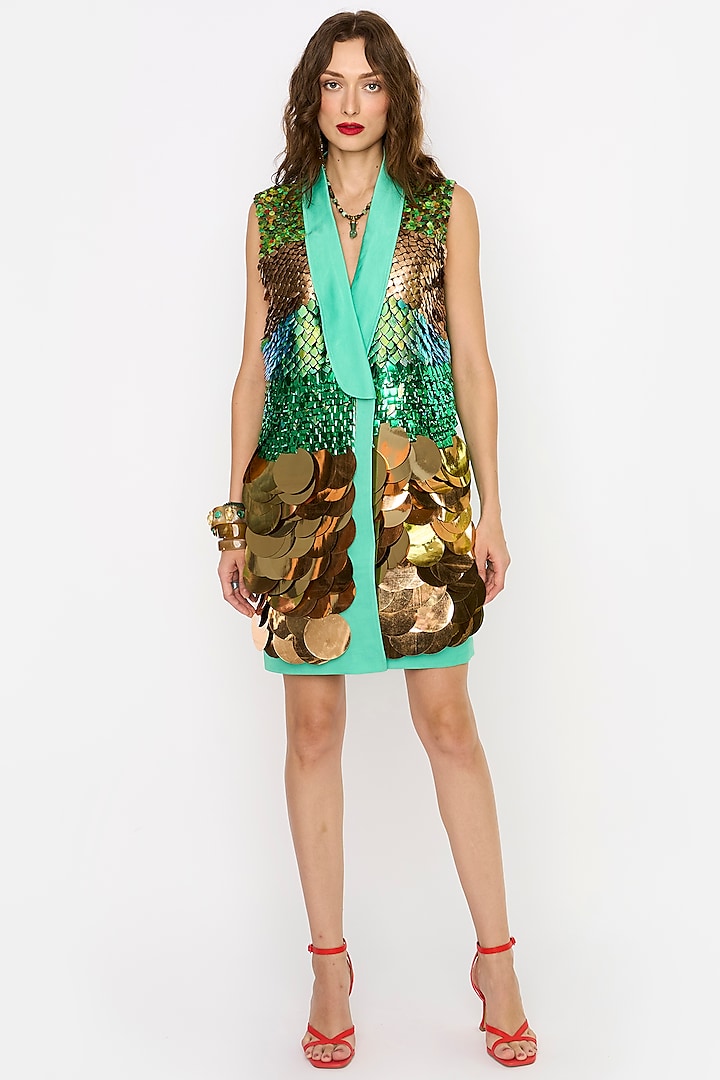 Aqua Green Linen Satin Sequins Embroidered Dress by Rara Avis
