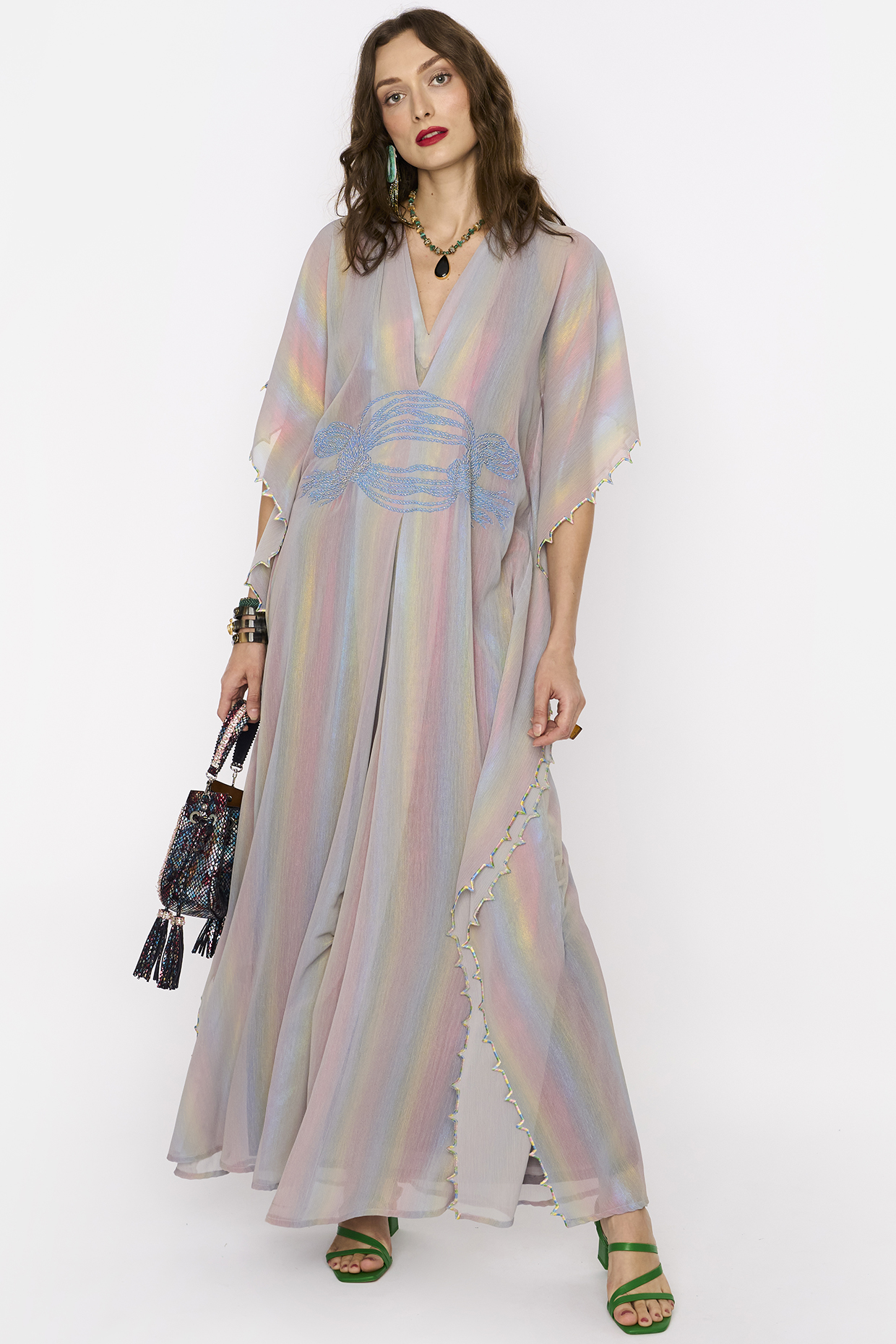 Multi-Colored Viscose Hand Embroidered Kaftan by Rara Avis at Pernia's Pop Up Shop