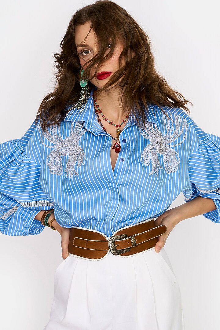 Ink & White Cotton Hand Embroidered Shirt by Rara Avis at Pernia's Pop Up Shop