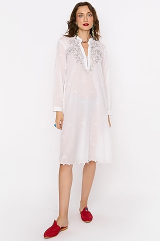 White Cotton Hand Embroidered Shift Dress by Rara Avis