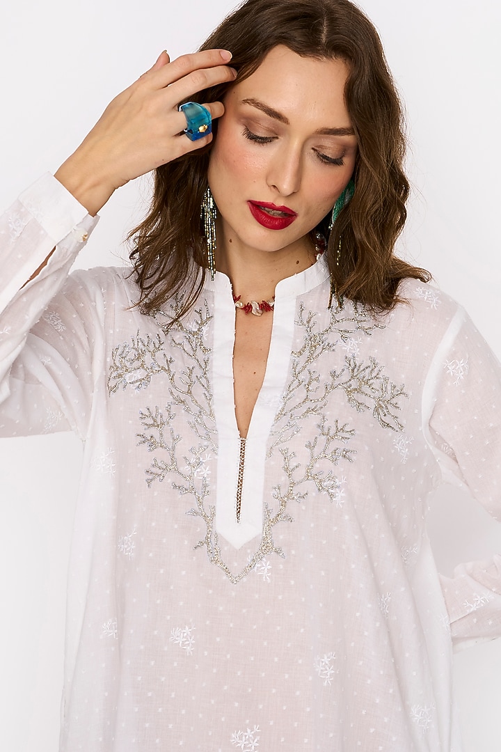White Cotton Hand Embroidered Shift Vacation Dress by Rara Avis at Pernia's Pop Up Shop