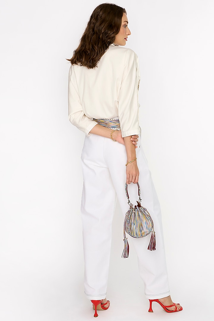 White Twill Cotton Hand Embroidered Pants by Rara Avis