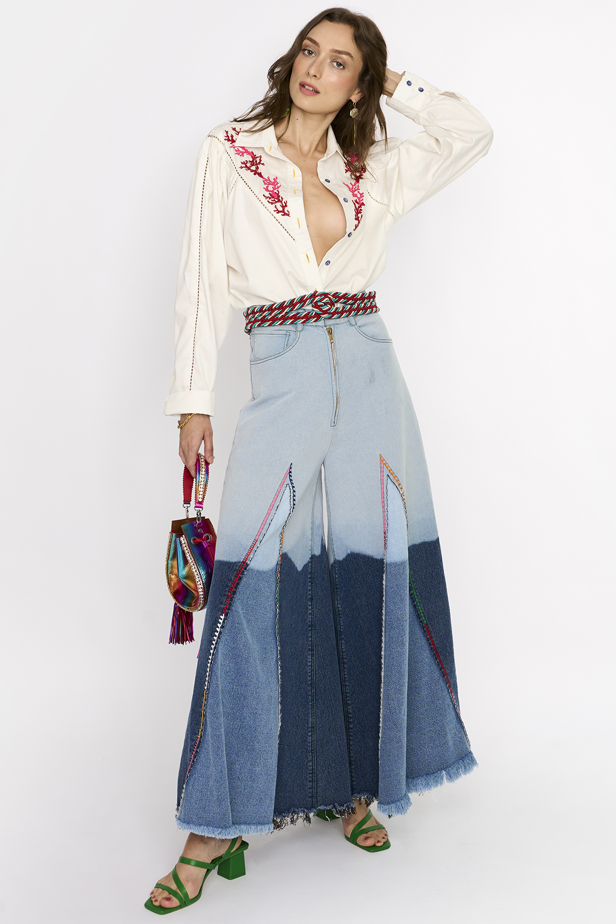 Washed Blue Cotton Hand Embroidered Denim Pants by Rara Avis
