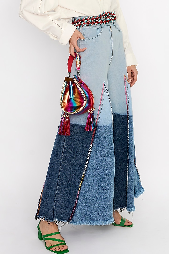 Washed Blue Cotton Hand Embroidered Denim Pants by Rara Avis