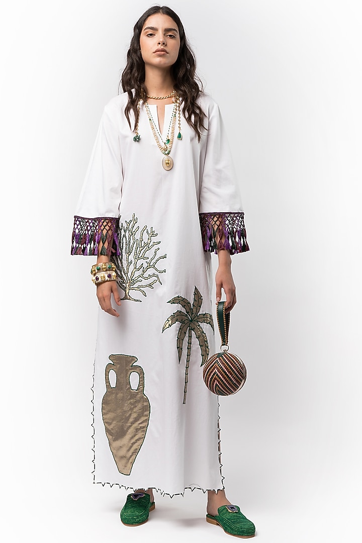 White Cotton Hand Embroidered Scalloped Maxi Cocktail Dress by Rara Avis at Pernia's Pop Up Shop