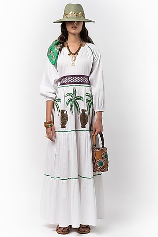 White Cotton Palm Tree Hand Embroidered Maxi Dress by Rara Avis