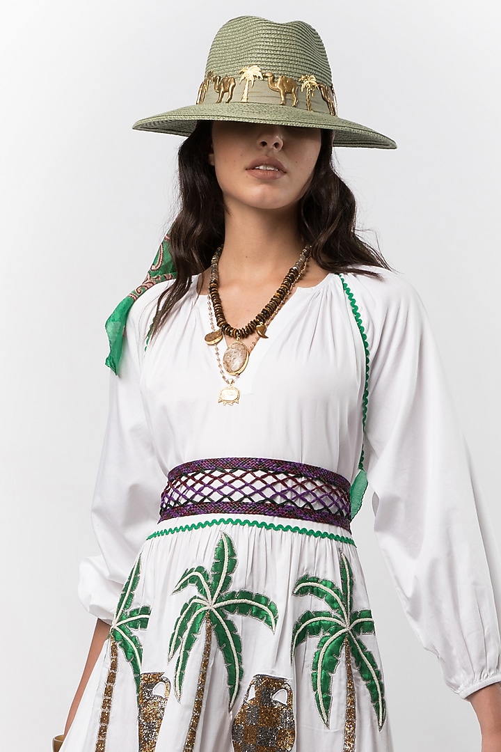 White Cotton Palm Tree Hand Embroidered Maxi Cocktail Dress by Rara Avis at Pernia's Pop Up Shop