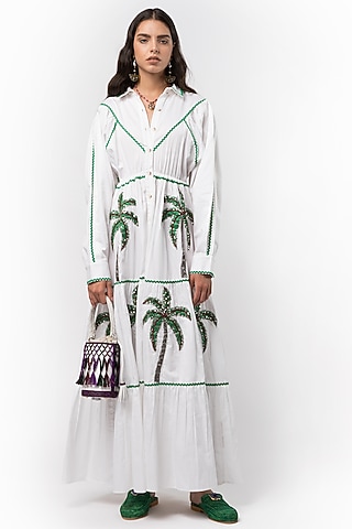 White Hand Embroidered Maxi Dress by Rara Avis