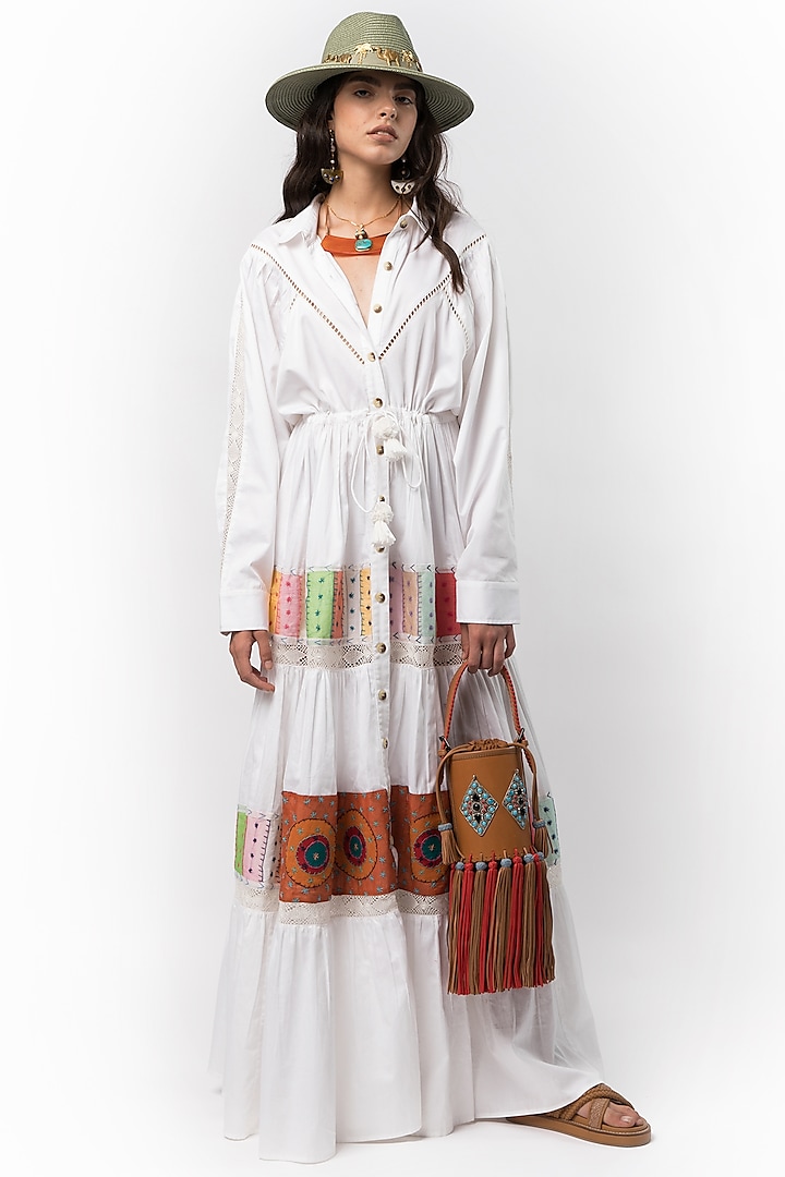 White Hand Embroidered Gathered Maxi Dress by Rara Avis