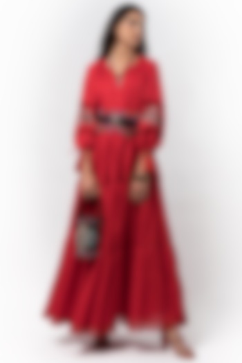 Crimson Red Hand Embroidered Maxi Dress by Rara Avis
