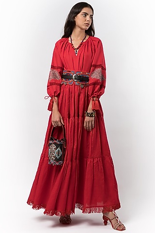 Crimson Red Linen Hand Embroidered Maxi Dress by Rara Avis