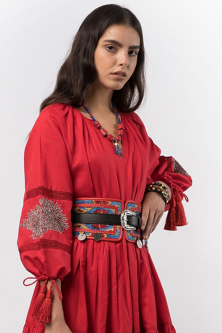 Crimson Red Linen Hand Embroidered Maxi Cocktail Dress by Rara Avis at Pernia's Pop Up Shop