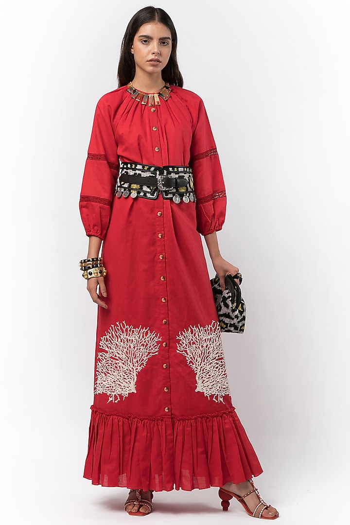 Crimson Red Hand Embroidered Dress by Rara Avis