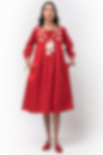 Crimson Red Hand Embroidered Gathered Dress by Rara Avis