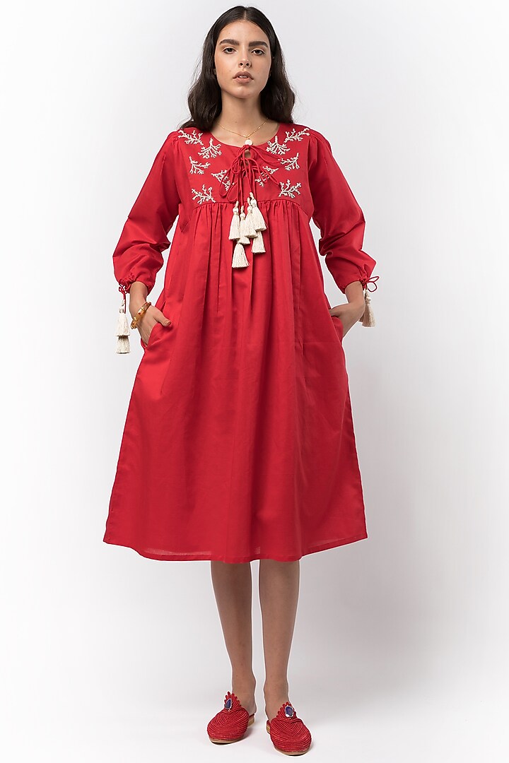Crimson Red Hand Embroidered Gathered Dress by Rara Avis