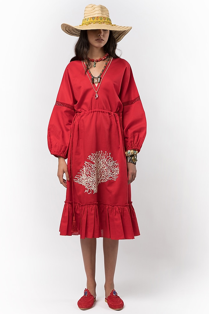Crimson Red Hand Embroidered Midi Dress by Rara Avis