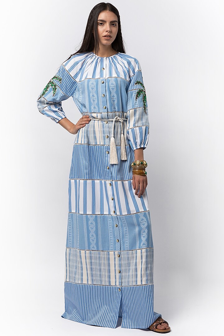 Pastel Blue & White Cotton Hand Embroidered Maxi Cocktail Dress by Rara Avis at Pernia's Pop Up Shop